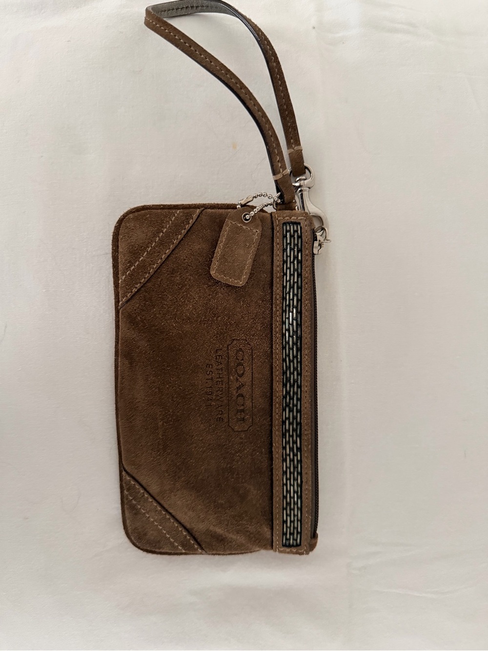 Coach Suede Wristlet with Metallic Trim in Brown and Silver